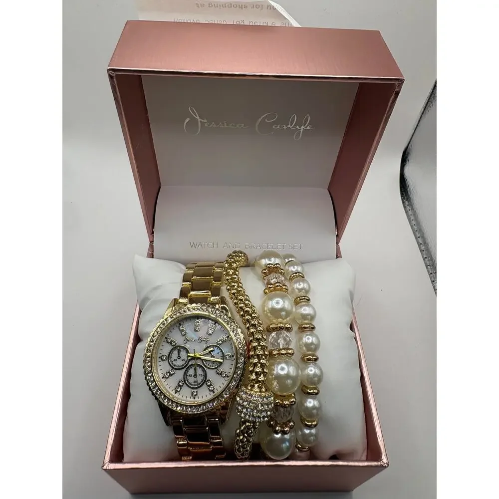 Jessica Carlyle Women Gold Watch Pearl Bracelet Set White Mop Dial Crystal Pearl